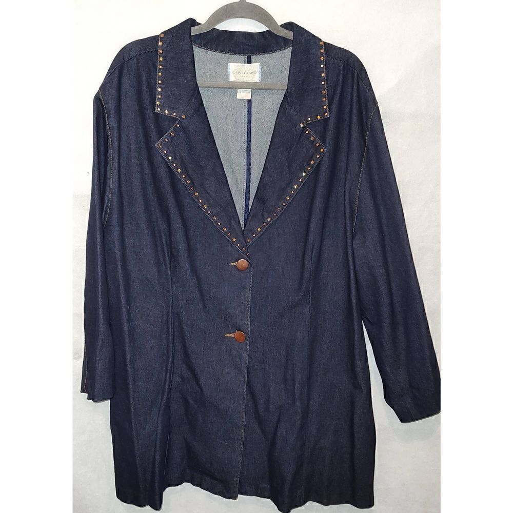 Vintage CAPISTRANO Blue jean STUDDED long jacket. Size 26.